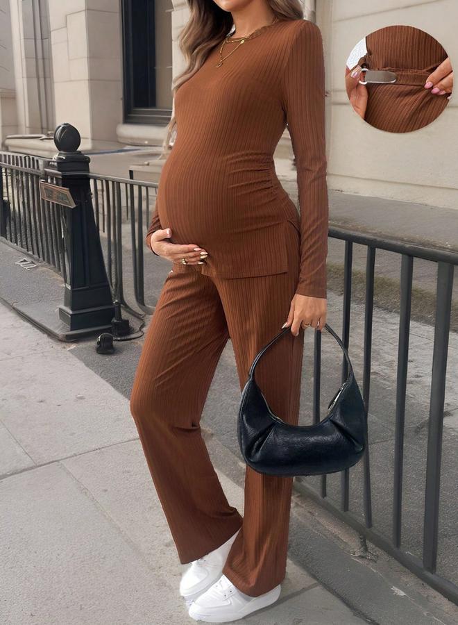 تايك تو طقم للحوامل بلوزة بياقة دائرية وبنطال بخصر مرن قابل للتعديل - Image 5